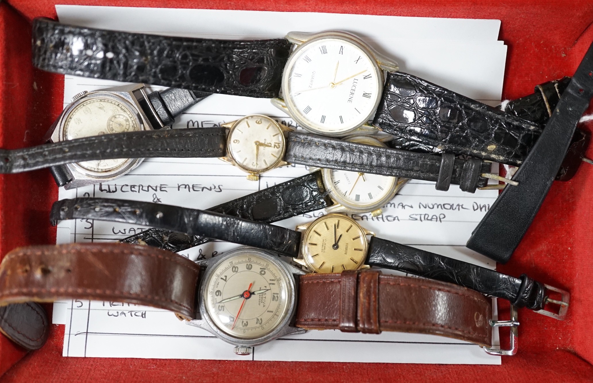 A group of assorted lady's and gentleman's wrist watches including a lady's 9ct Omega and Tichnique, two Lucerne quartz and two steel watches including Festiva.